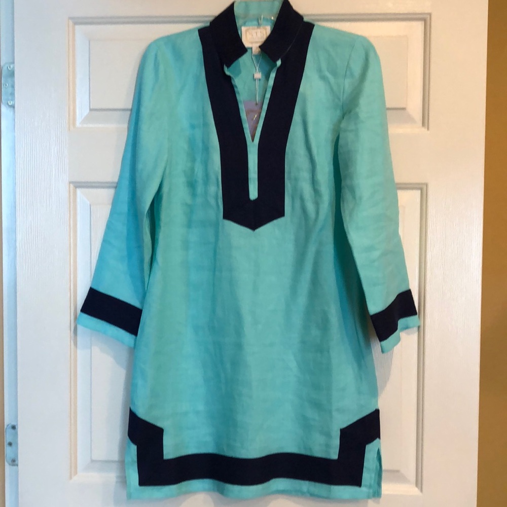 STS (Sail To Sable) NWT dress, size S, Aqua with Navy Trim! 100% Linen!